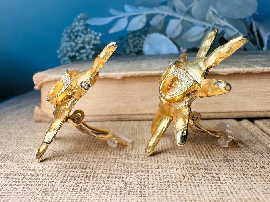 Vintage Sun Earrings, Oversized Matte Gold 90s Celestial Earrings with Rhinestone Glasses, Clip On Statement Earrings