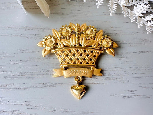 Vintage Sunflower Brooch, Gold JJ Jonette Flower Basket Pin