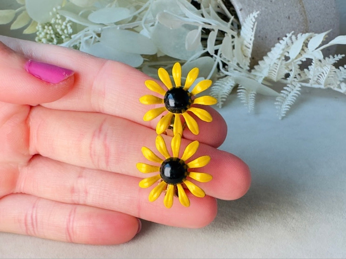 Vintage Sunflower Earrings, Floral 60s Yellow Enamel Clip On Earrings