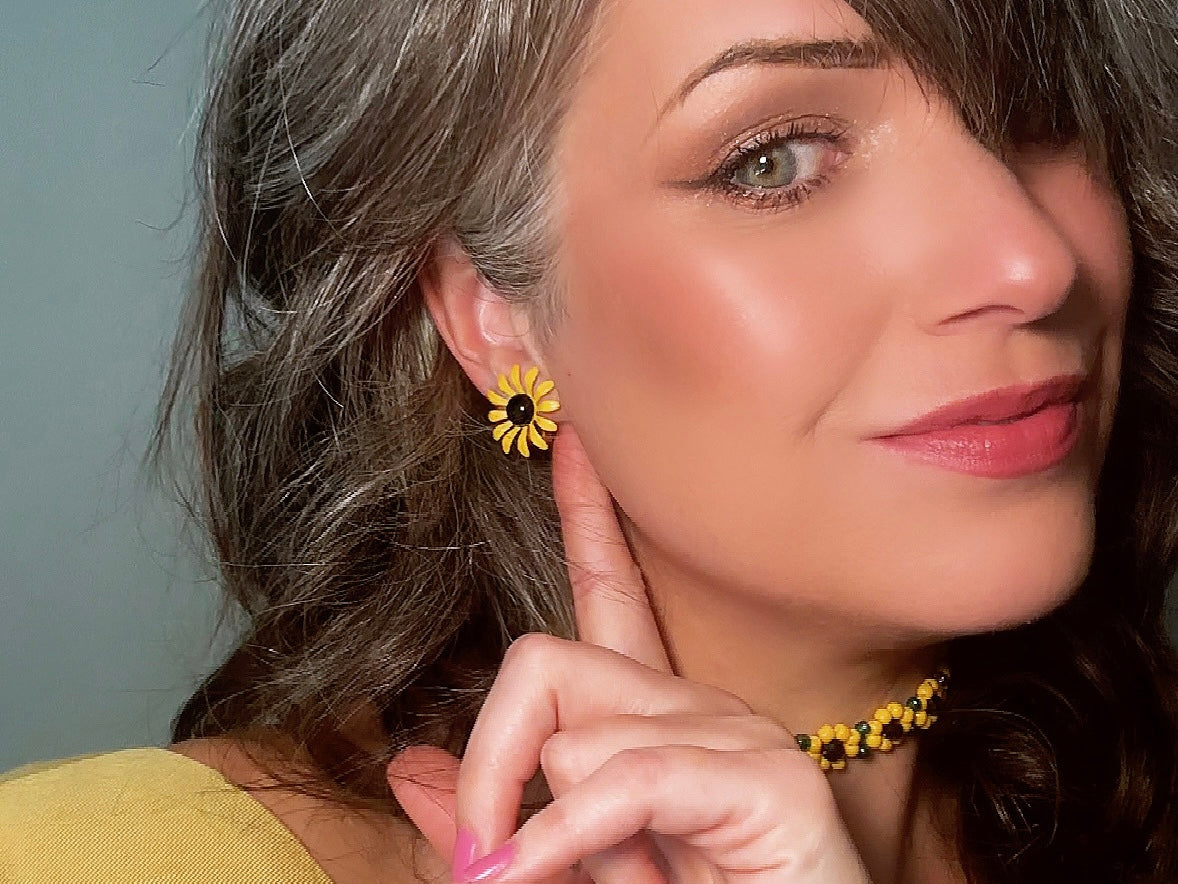 Vintage Sunflower Earrings, Floral 60s Yellow Enamel Clip On Earrings