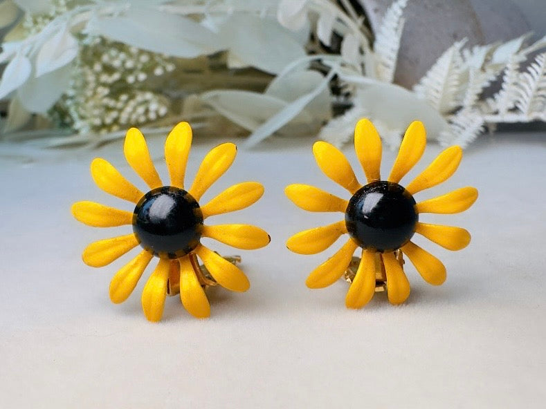 Vintage Sunflower Earrings, Floral 60s Yellow Enamel Clip On Earrings