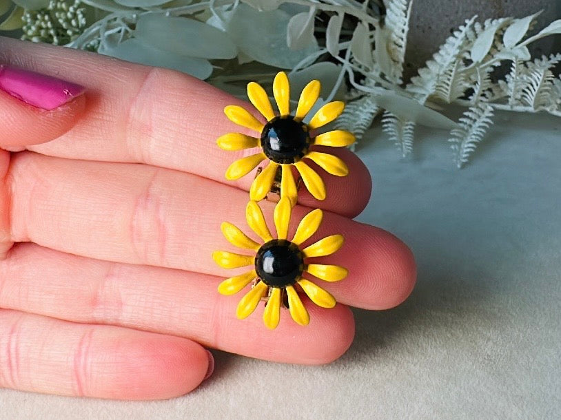 Vintage Sunflower Earrings, Floral 60s Yellow Enamel Clip On Earrings