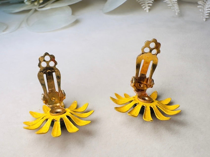 Vintage Sunflower Earrings, Floral 60s Yellow Enamel Clip On Earrings
