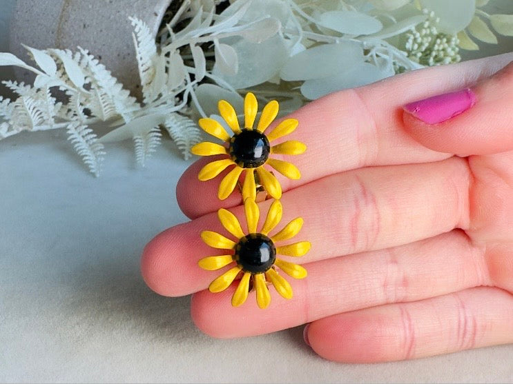 Vintage Sunflower Earrings, Floral 60s Yellow Enamel Clip On Earrings