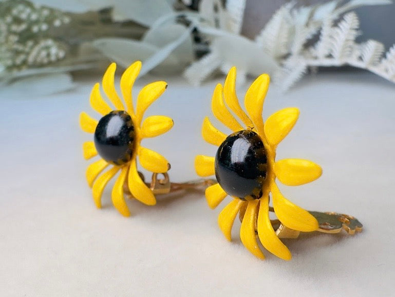 Vintage Sunflower Earrings, Floral 60s Yellow Enamel Clip On Earrings