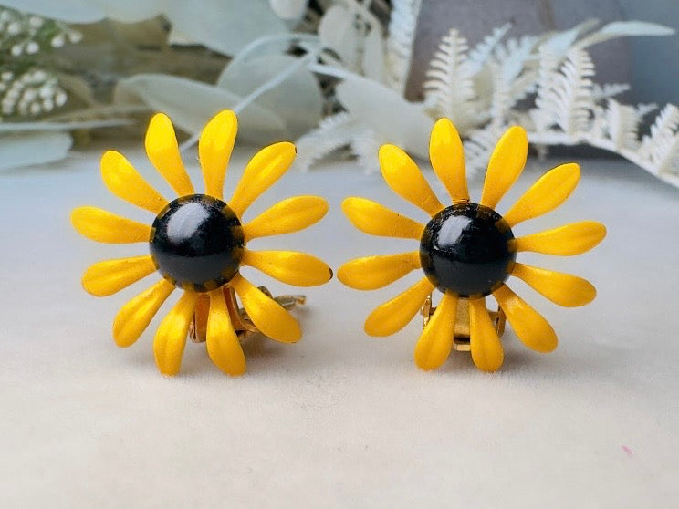 Vintage Sunflower Earrings, Floral 60s Yellow Enamel Clip On Earrings