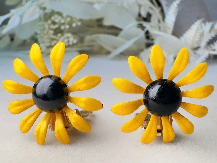 Vintage Sunflower Earrings, Floral 60s Yellow Enamel Clip On Earrings