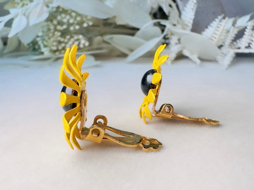 Vintage Sunflower Earrings, Floral 60s Yellow Enamel Clip On Earrings
