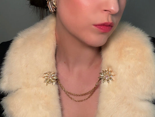Vintage Sweater Clips, 1950s Gold Flower Cardigan Guard modelled by Bethan Jayne