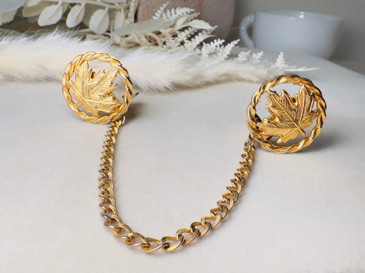 Vintage Sweater Clips, 50s Gold Leaf Collar Clips with Maple Leaves
