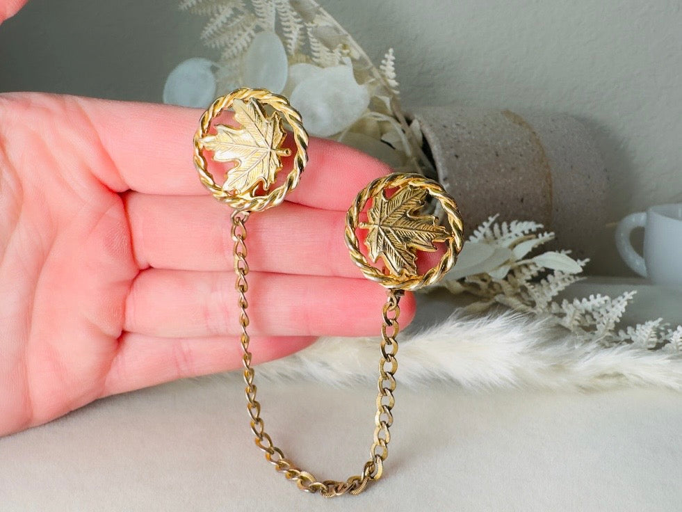 Vintage Sweater Clips, 50s Gold Leaf Collar Clips with Maple Leaves