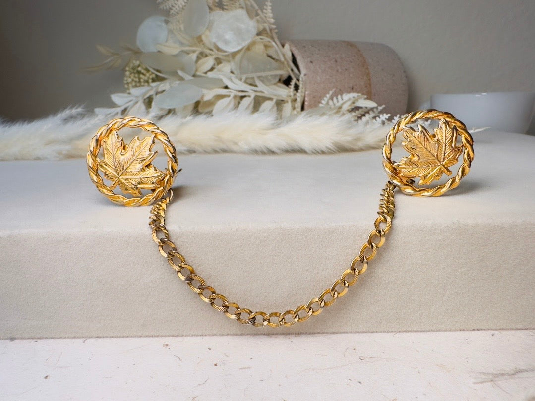 Vintage Sweater Clips, 50s Gold Leaf Collar Clips with Maple Leaves