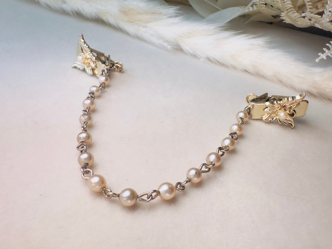 Vintage Sweater Clips, Gold Butterfly and Pearl Collar Cardigan Clips