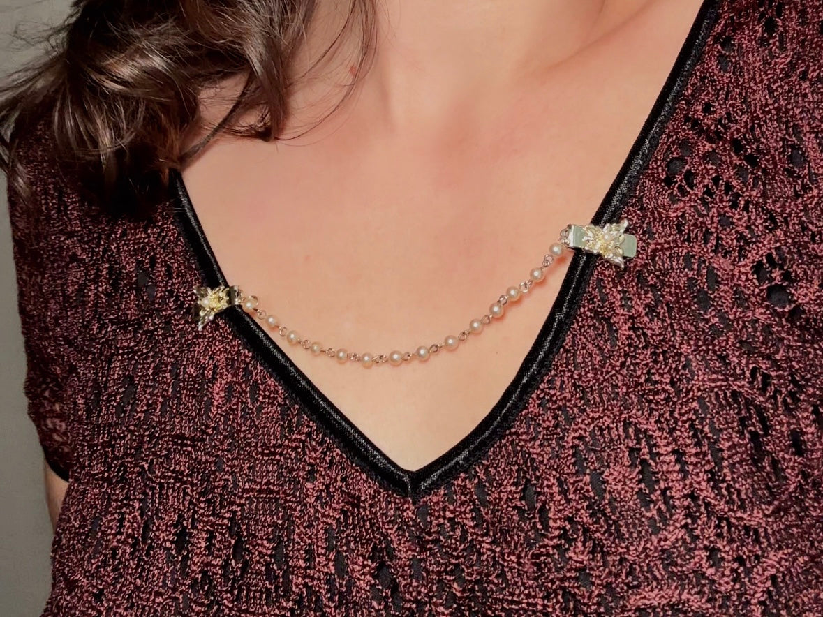 Vintage Sweater Clips, Gold Butterfly and Pearl Collar Cardigan Clips