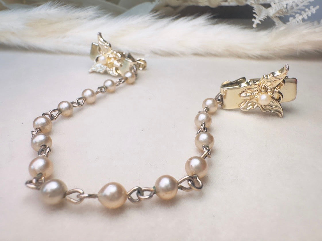 Vintage Sweater Clips, Gold Butterfly and Pearl Collar Cardigan Clips