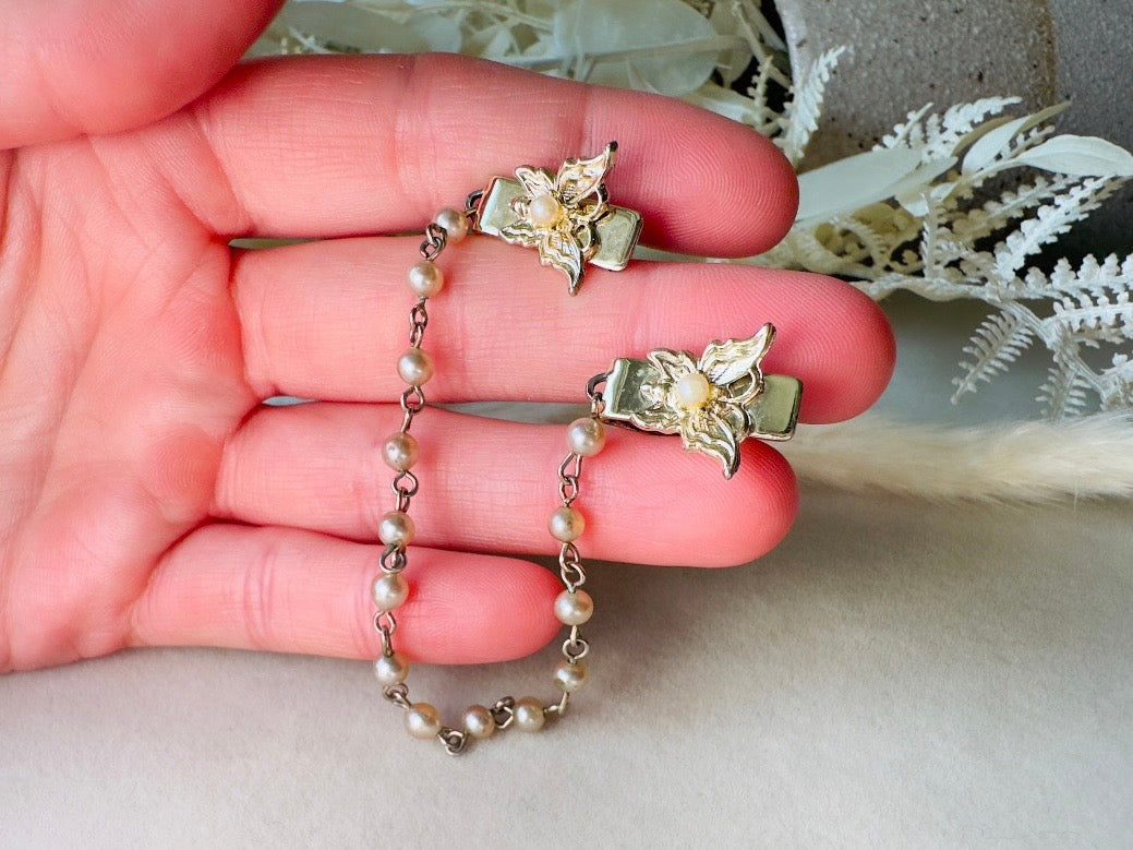 Vintage Sweater Clips, Gold Butterfly and Pearl Collar Cardigan Clips