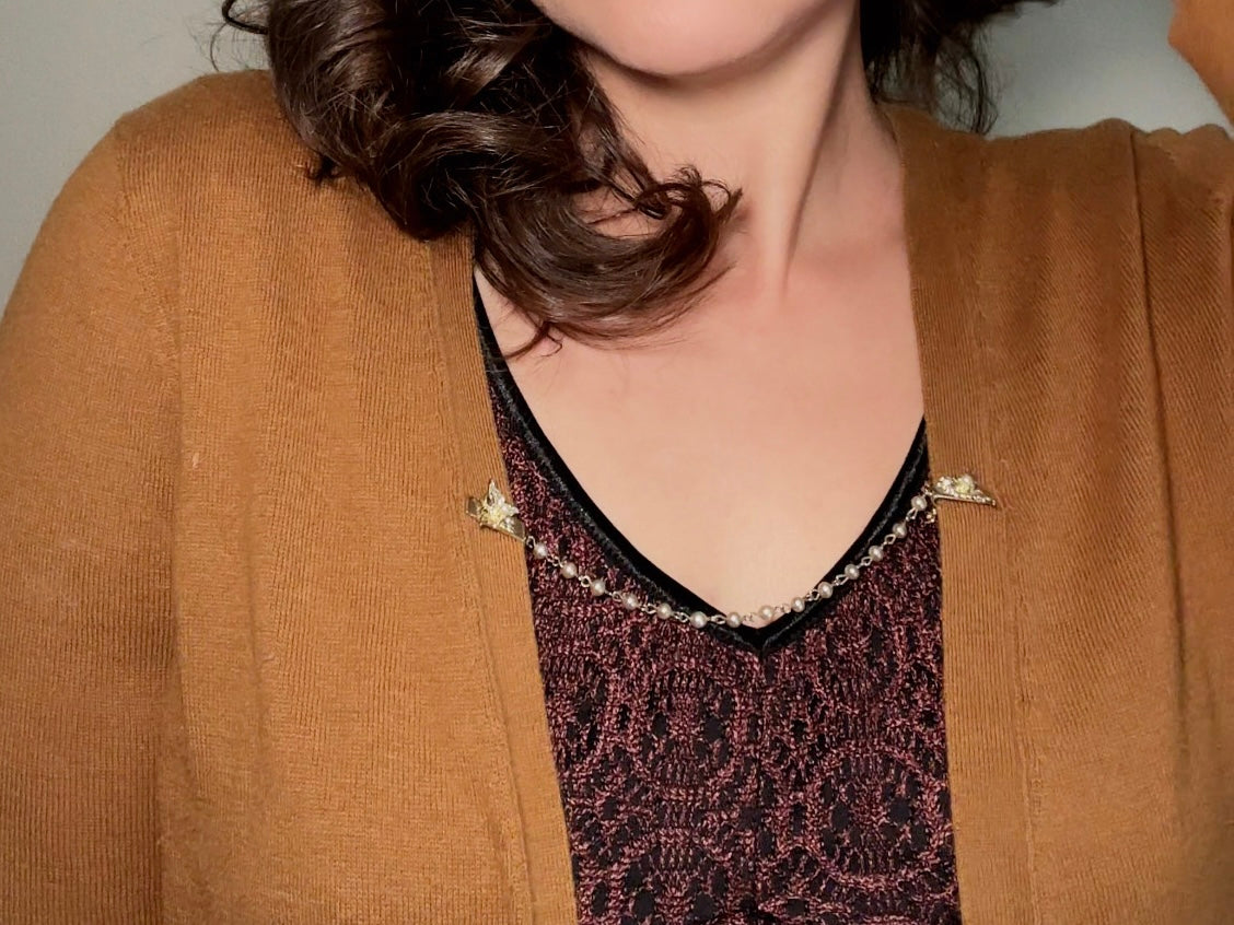 Vintage Sweater Clips, Gold Butterfly and Pearl Collar Cardigan Clips