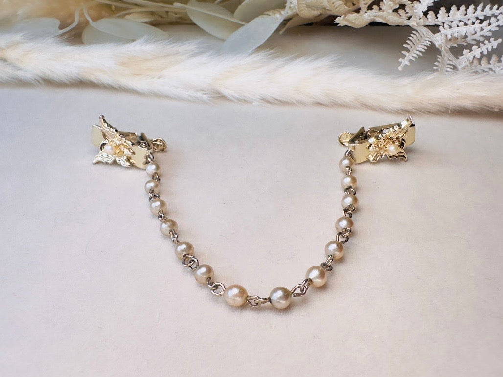 Vintage Sweater Clips, Gold Butterfly and Pearl Collar Cardigan Clips