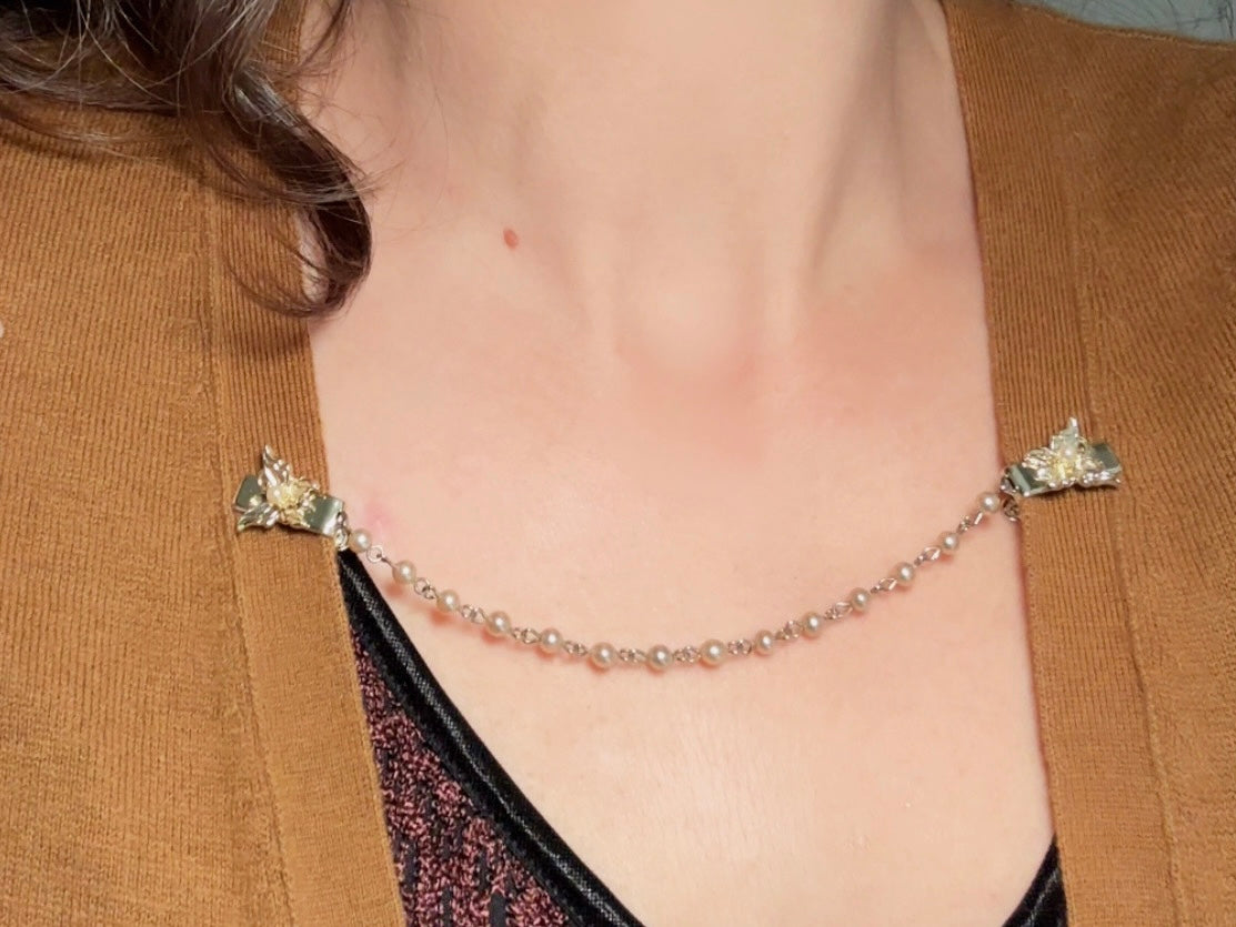 Vintage Sweater Clips, Gold Butterfly and Pearl Collar Cardigan Clips