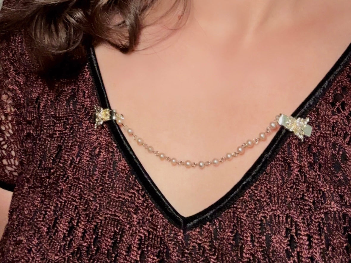 Vintage Sweater Clips, Gold Butterfly and Pearl Collar Cardigan Clips