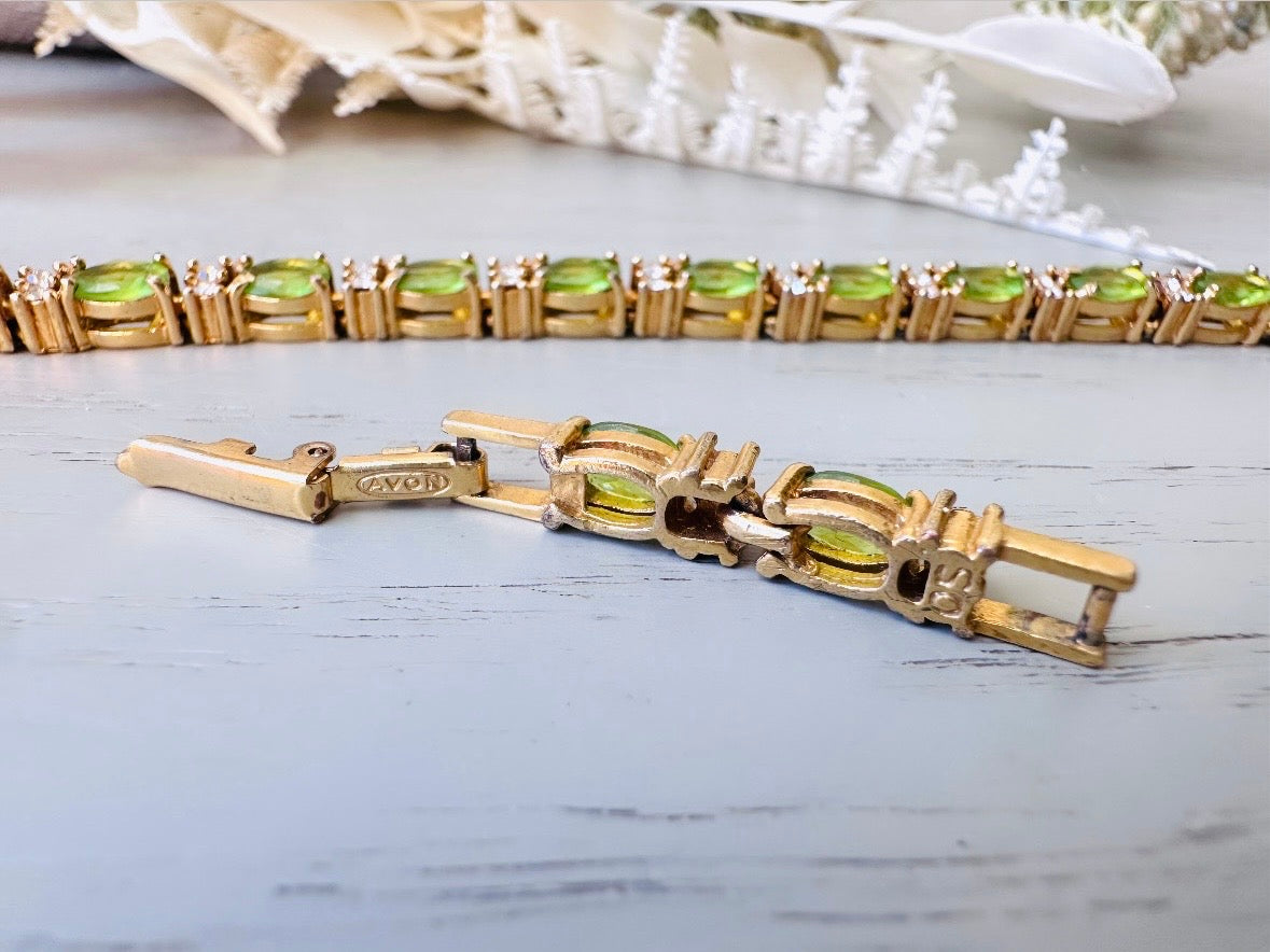 Vintage Tennis Bracelet, Cubic Zirconia & Peridot Crystal Prong Set Gold Bracelet, Gorgeous Green and Gold Classic Vintage Bracelet Gift from Piggle and Pop