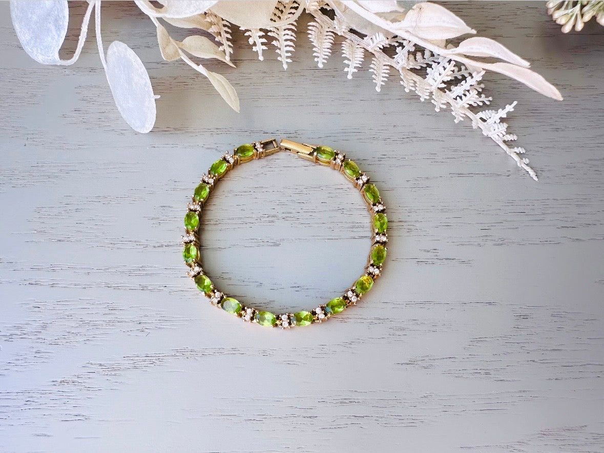 Vintage Tennis Bracelet, Cubic Zirconia & Peridot Crystal Prong Set Gold Bracelet, Gorgeous Green and Gold Classic Vintage Bracelet Gift from Piggle and Pop
