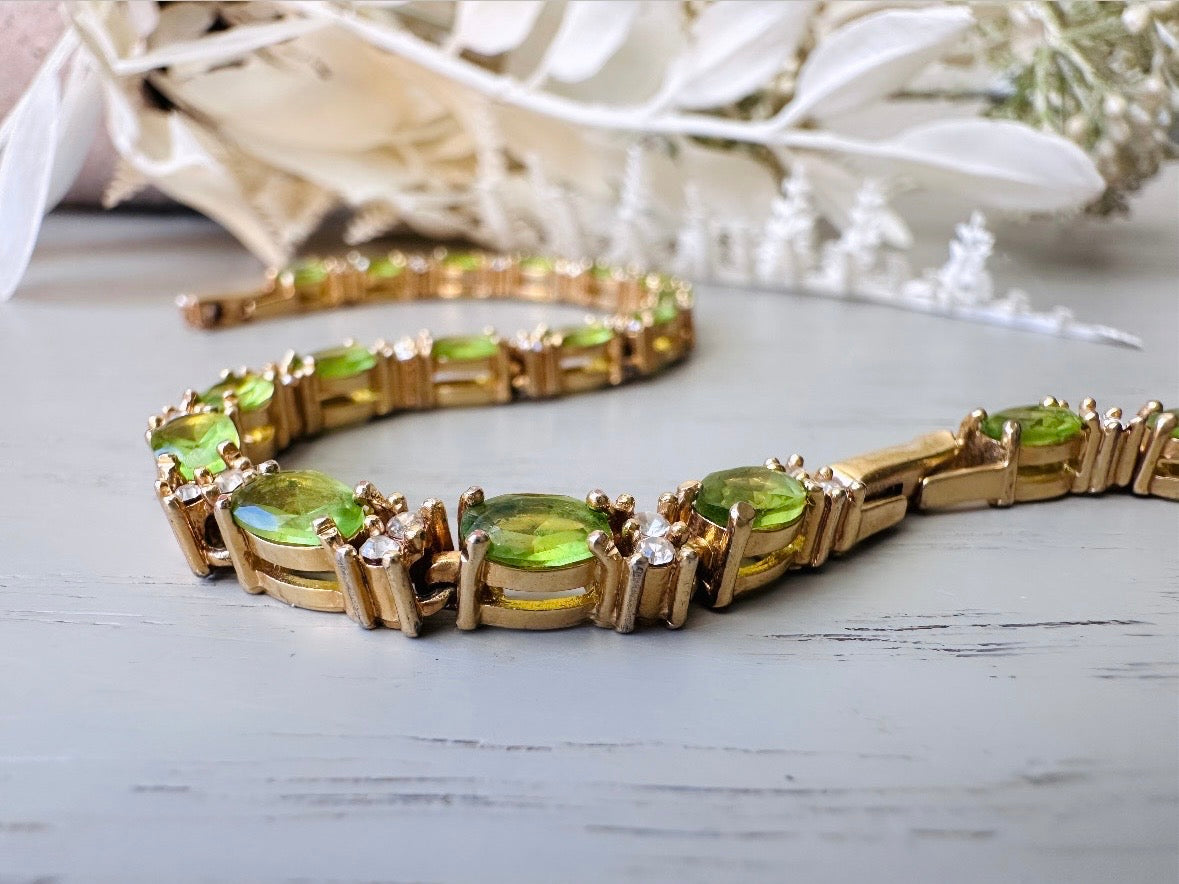 Vintage Tennis Bracelet, Cubic Zirconia & Peridot Crystal Prong Set Gold Bracelet, Gorgeous Green and Gold Classic Vintage Bracelet Gift from Piggle and Pop