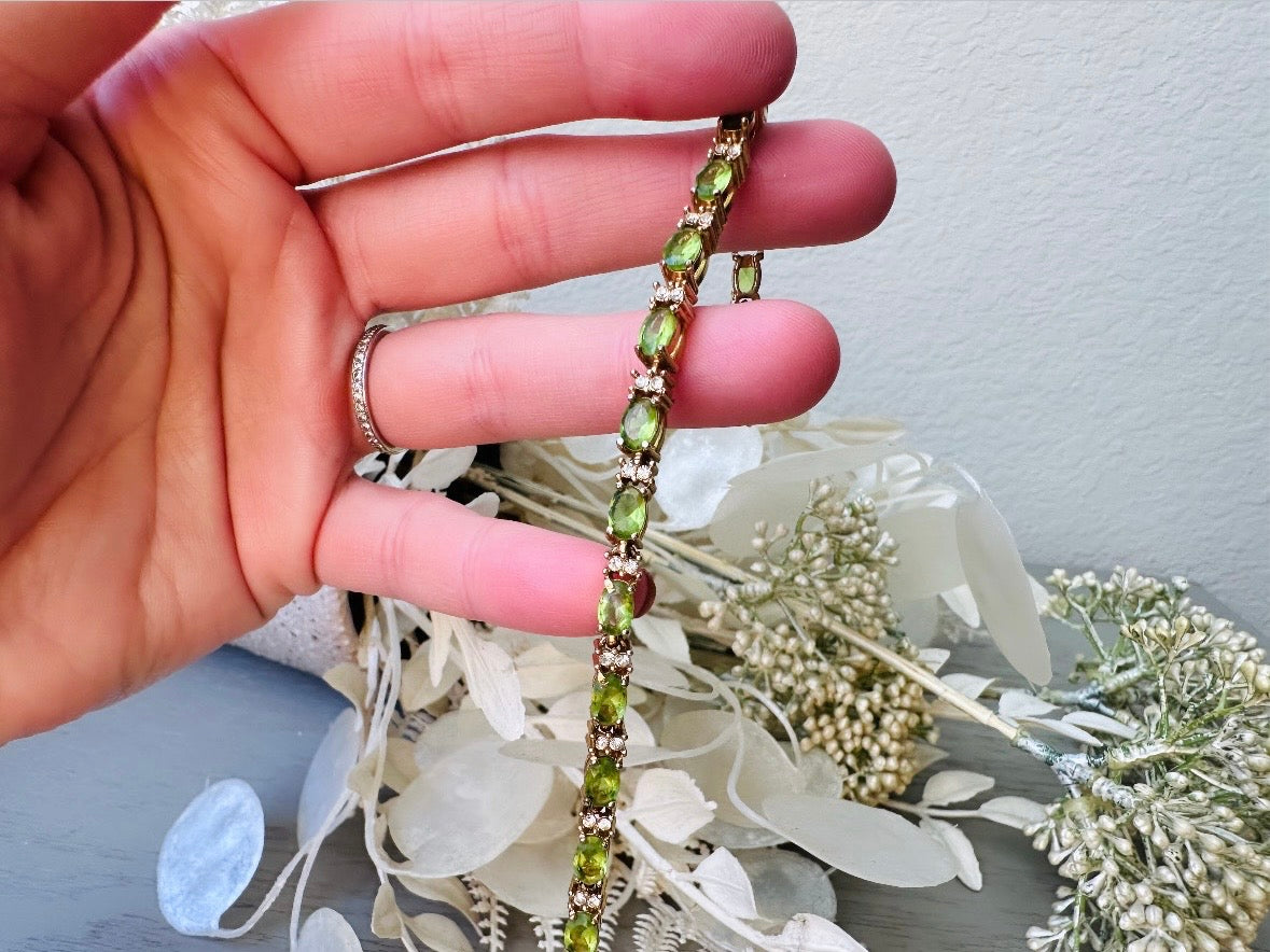 Vintage Tennis Bracelet, Cubic Zirconia & Peridot Crystal Prong Set Gold Bracelet, Gorgeous Green and Gold Classic Vintage Bracelet Gift from Piggle and Pop
