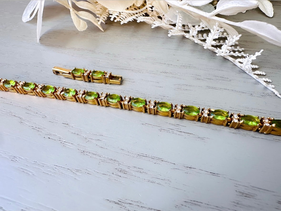 Vintage Tennis Bracelet, Cubic Zirconia & Peridot Crystal Prong Set Gold Bracelet, Gorgeous Green and Gold Classic Vintage Bracelet Gift from Piggle and Pop