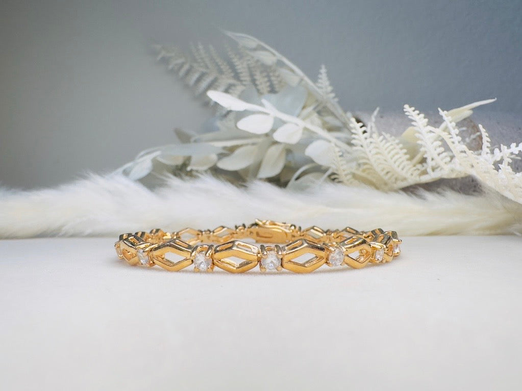 Vintage Tennis Bracelet, Roman Gold Link Bracelet with Crystals