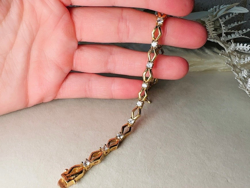 Vintage Tennis Bracelet, Roman Gold Link Bracelet with Crystals