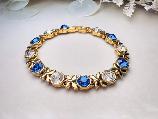 Vintage Tennis Bracelet with Sapphire Blue and Diamond Rhinestones, XO Gold Link Bracelet with Fold Over Clasp