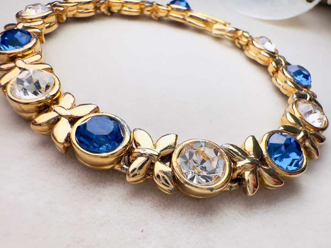 Vintage Tennis Bracelet with Sapphire Blue and Diamond Rhinestones, XO Gold Link Bracelet with Fold Over Clasp