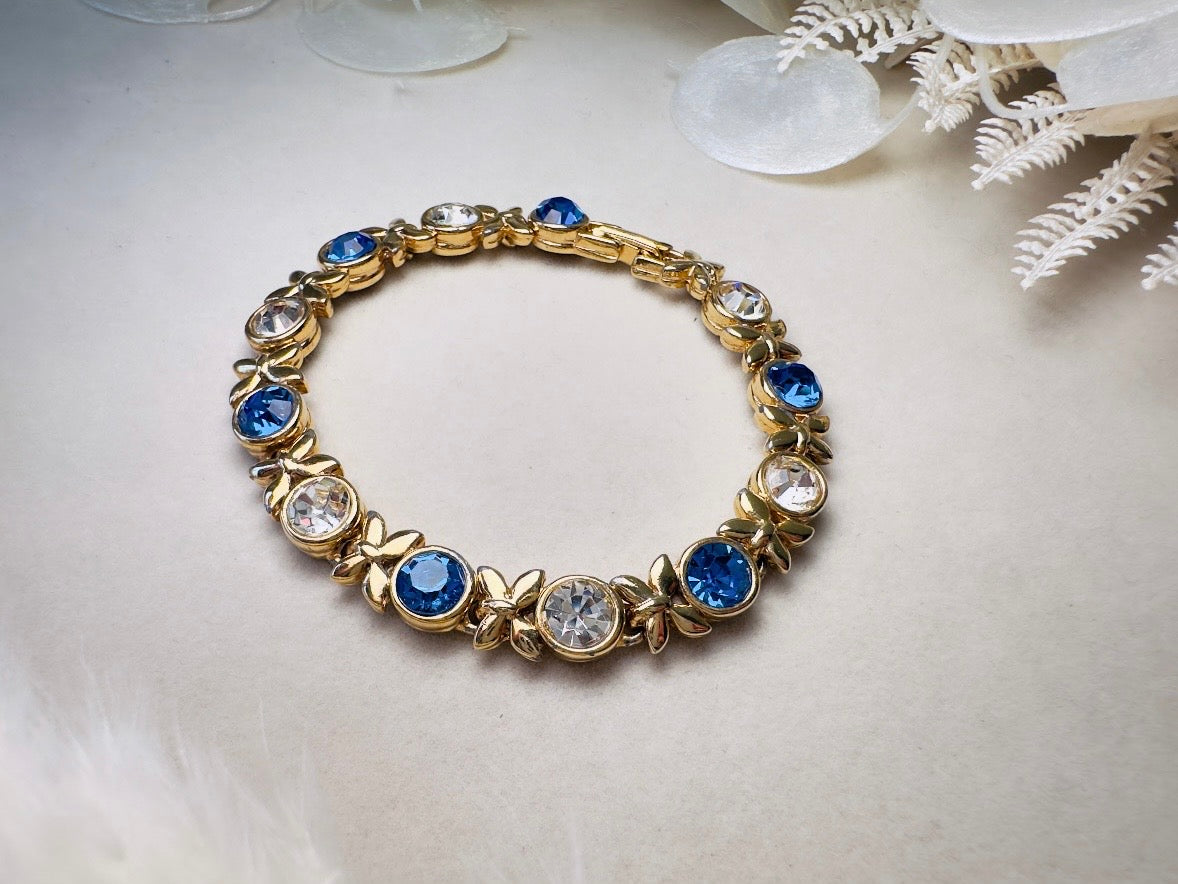 Vintage Tennis Bracelet with Sapphire Blue and Diamond Rhinestones, XO Gold Link Bracelet with Fold Over Clasp