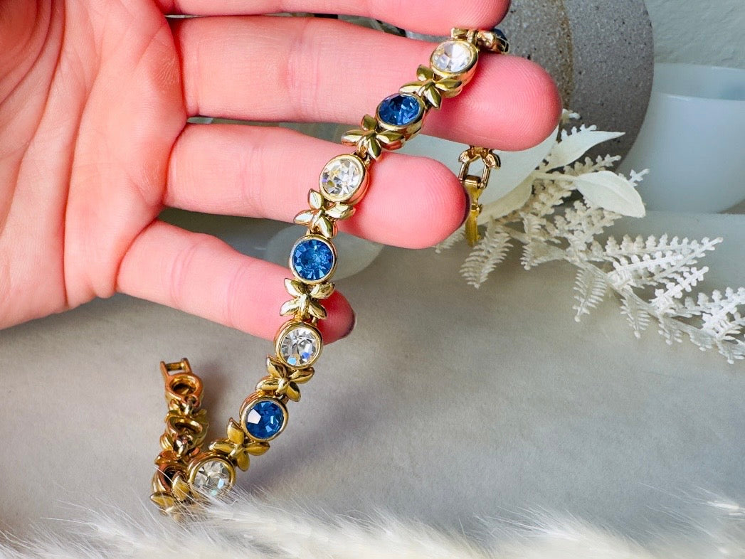 Vintage Tennis Bracelet with Sapphire Blue and Diamond Rhinestones, XO Gold Link Bracelet with Fold Over Clasp