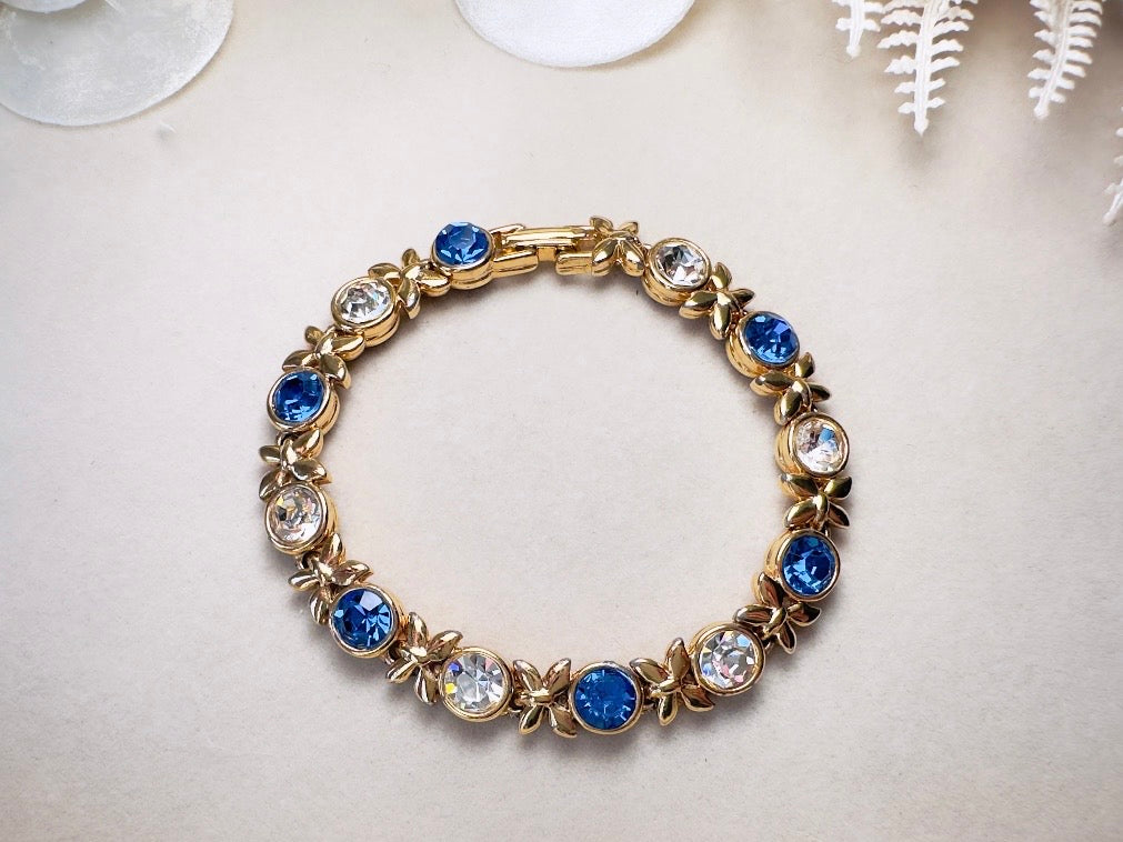 Vintage Tennis Bracelet with Sapphire Blue and Diamond Rhinestones, XO Gold Link Bracelet with Fold Over Clasp