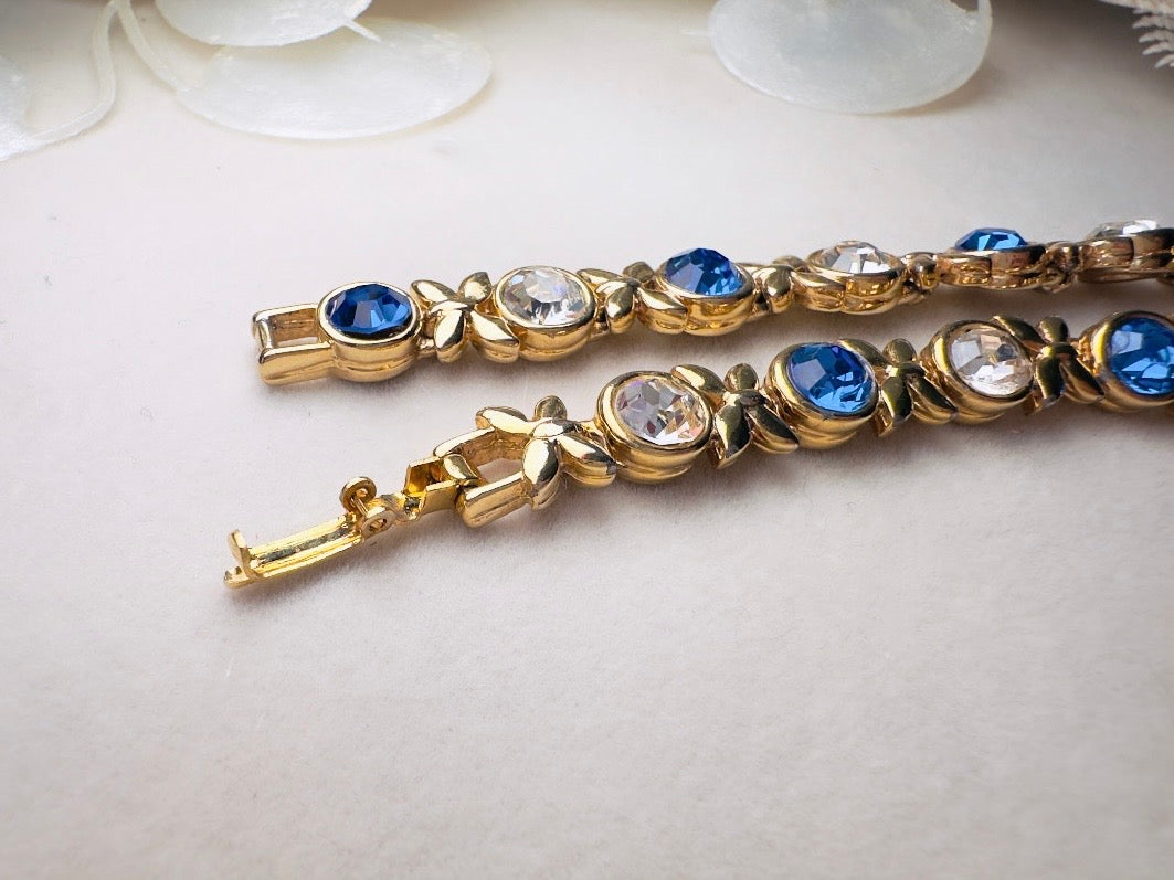 Vintage Tennis Bracelet with Sapphire Blue and Diamond Rhinestones, XO Gold Link Bracelet with Fold Over Clasp