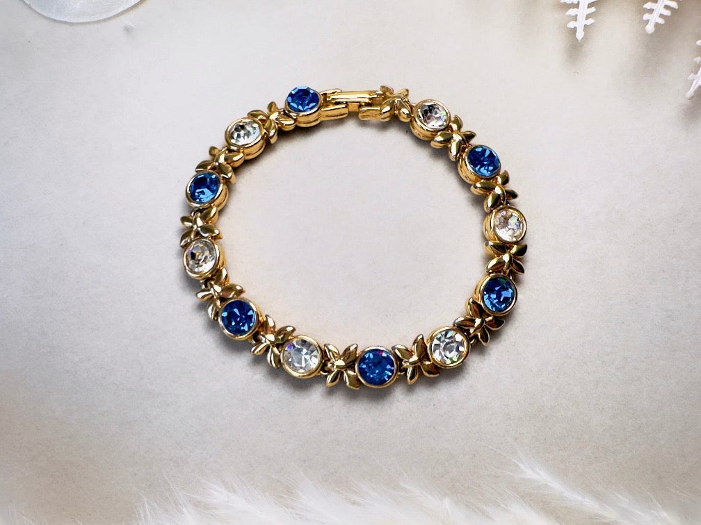 Vintage Tennis Bracelet with Sapphire Blue and Diamond Rhinestones, XO Gold Link Bracelet with Fold Over Clasp