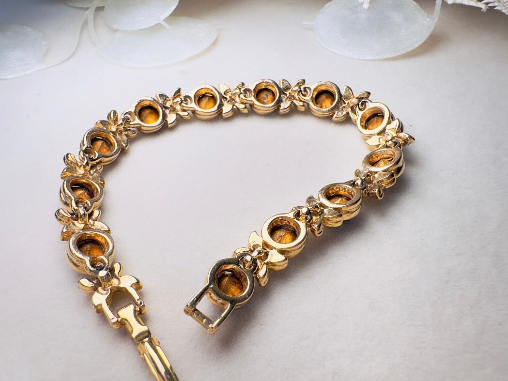 Vintage Tennis Bracelet with Sapphire Blue and Diamond Rhinestones, XO Gold Link Bracelet with Fold Over Clasp