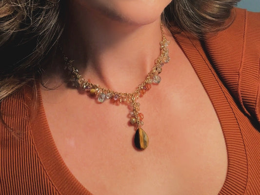 Vintage Tigers Eye Charm Necklace, Genuine Tiger Eye Gemstone Y Pendant Necklace with Crystals in Gold, Blue and Purple