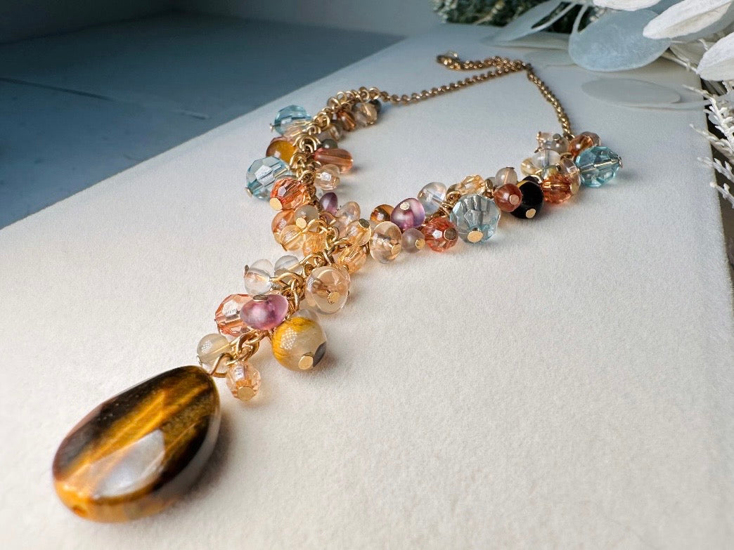 Vintage Tigers Eye Charm Necklace, Genuine Tiger Eye Gemstone Y Pendant Necklace with Crystals in Gold, Blue and Purple