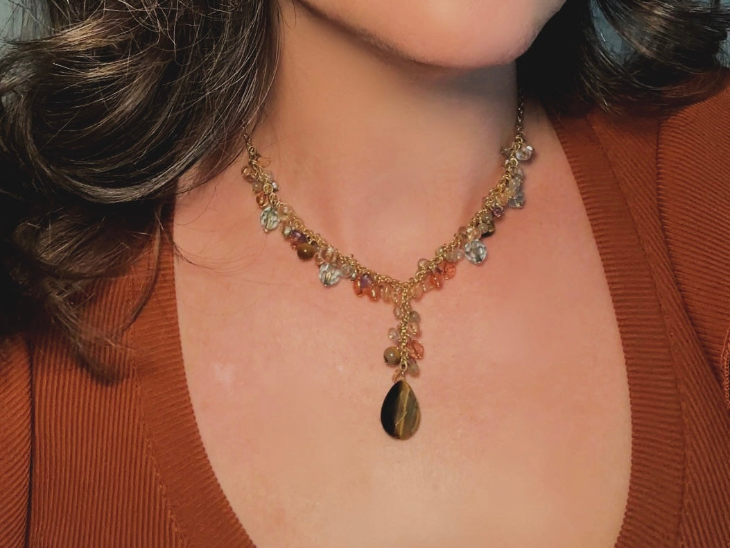 Vintage Tigers Eye Charm Necklace, Genuine Tiger Eye Gemstone Y Pendant Necklace with Crystals in Gold, Blue and Purple