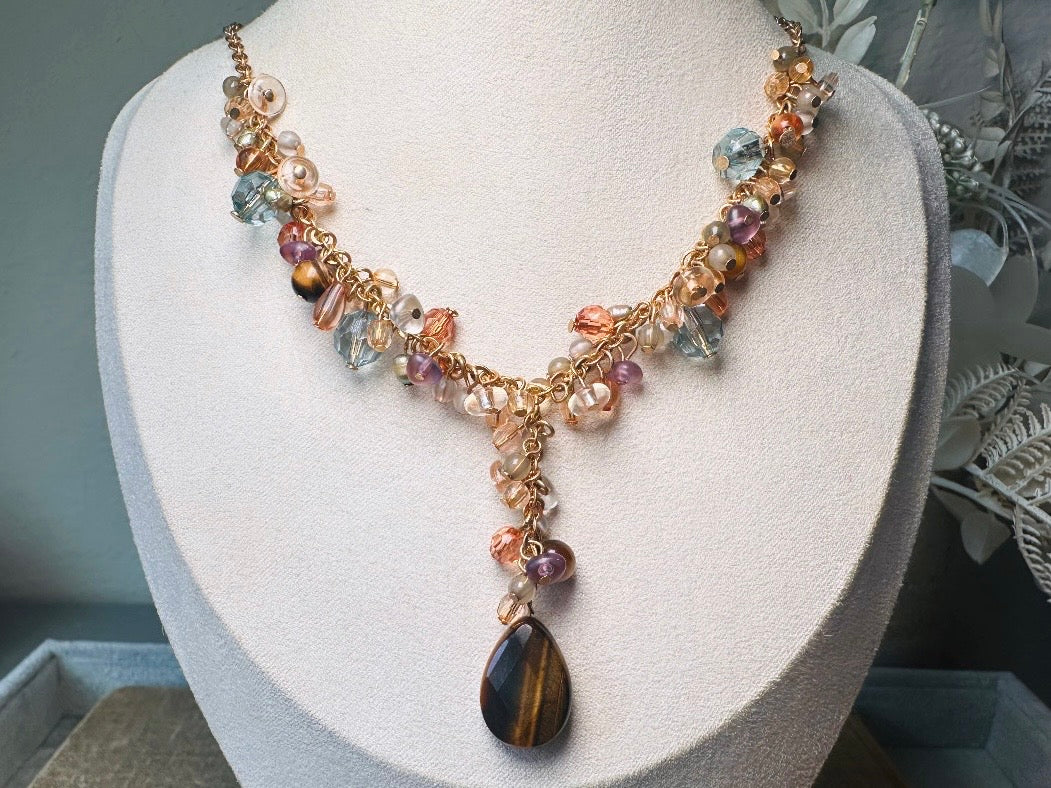 Vintage Tigers Eye Charm Necklace, Genuine Tiger Eye Gemstone Y Pendant Necklace with Crystals in Gold, Blue and Purple