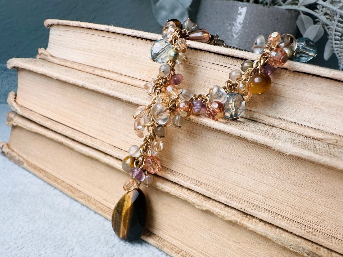 Vintage Tigers Eye Charm Necklace, Genuine Tiger Eye Gemstone Y Pendant Necklace with Crystals in Gold, Blue and Purple