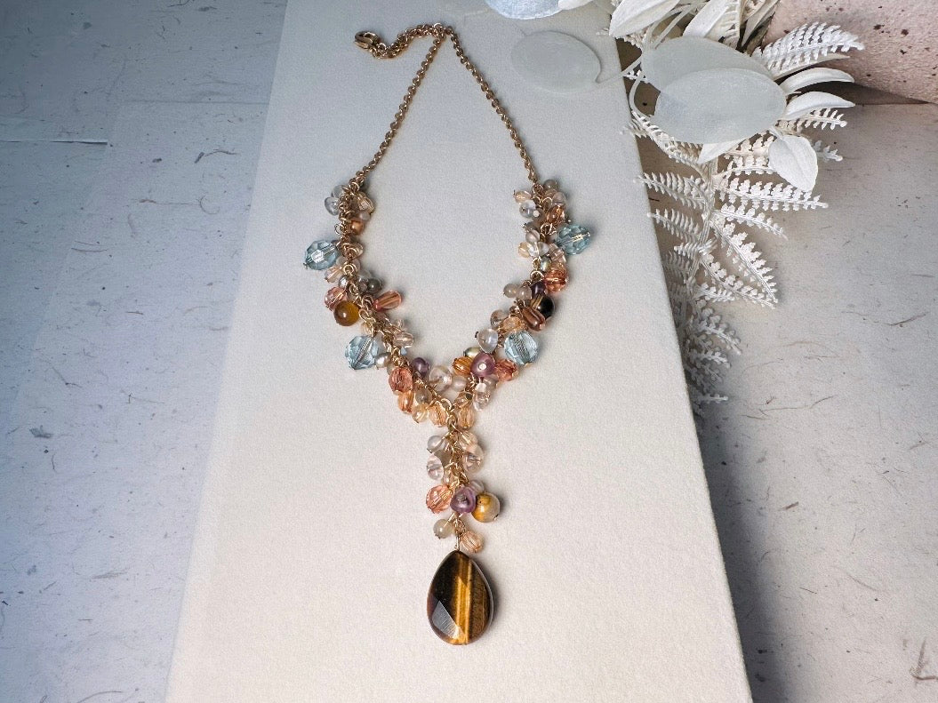 Vintage Tigers Eye Charm Necklace, Genuine Tiger Eye Gemstone Y Pendant Necklace with Crystals in Gold, Blue and Purple