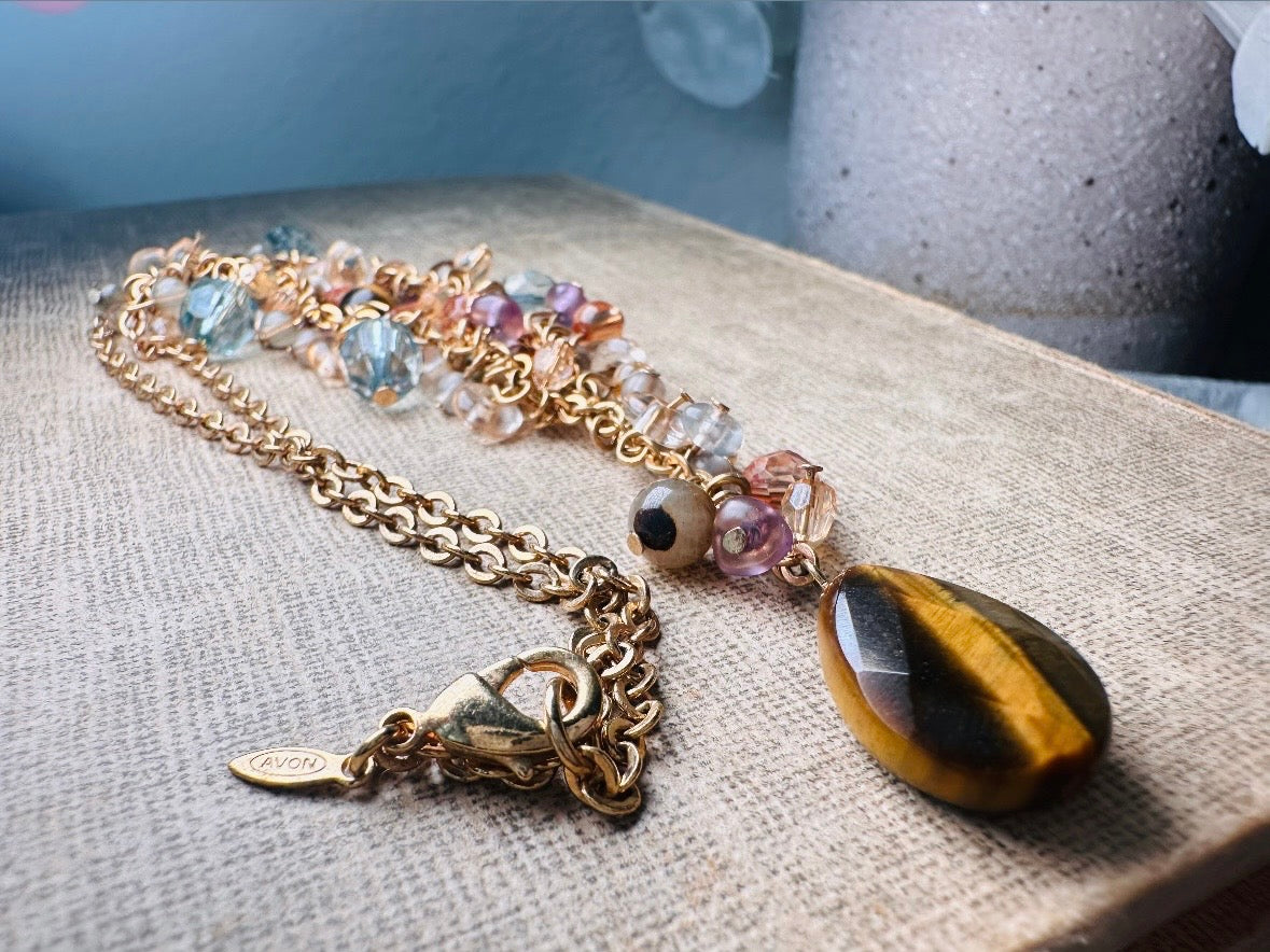 Vintage Tigers Eye Charm Necklace, Genuine Tiger Eye Gemstone Y Pendant Necklace with Crystals in Gold, Blue and Purple