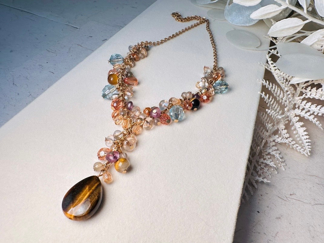 Vintage Tigers Eye Charm Necklace, Genuine Tiger Eye Gemstone Y Pendant Necklace with Crystals in Gold, Blue and Purple