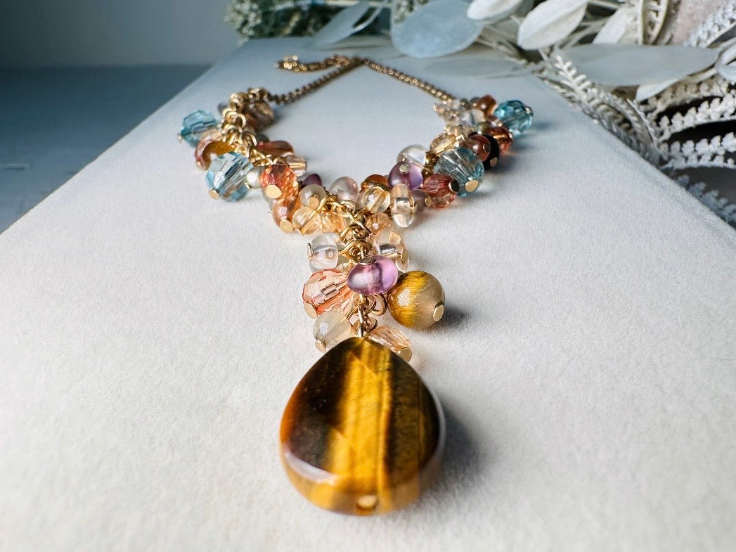 Vintage Tigers Eye Charm Necklace, Genuine Tiger Eye Gemstone Y Pendant Necklace with Crystals in Gold, Blue and Purple