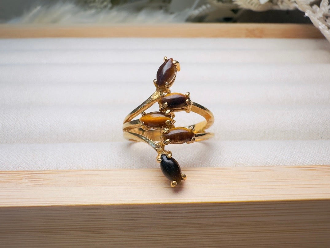 Vintage Tigers Eye Ring, 18k Gold Multi-stone 70s Gold and Brown Gemstone Cocktail Ring, Fitted Size 7 Retro Statement Ring