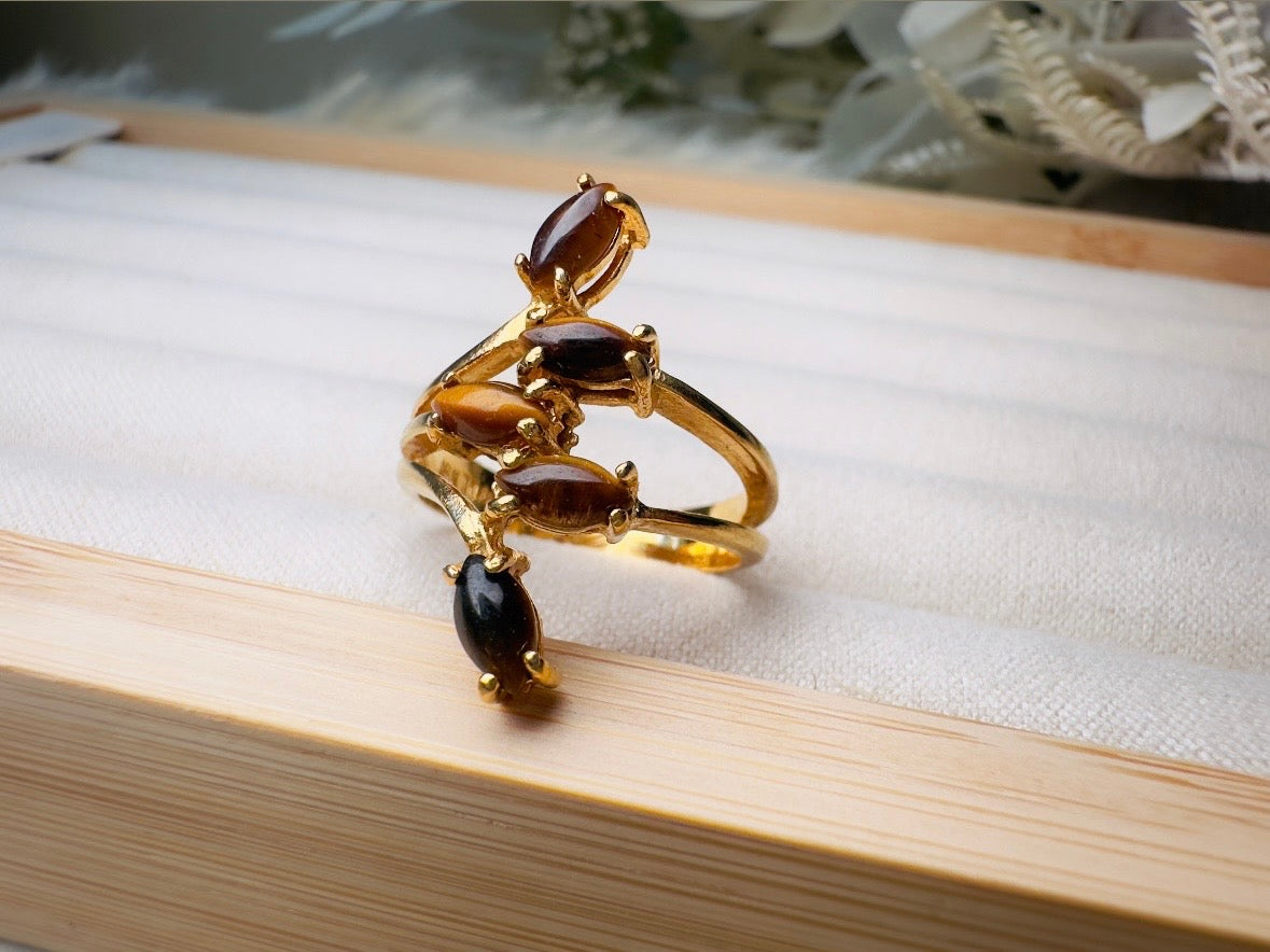 Vintage Tigers Eye Ring, 18k Gold Multi-stone 70s Gold and Brown Gemstone Cocktail Ring, Fitted Size 7 Retro Statement Ring